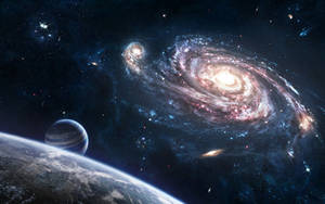一個帶有粉紅色和藍色色調的螺旋星系主導了宇宙場景，附近有行星。