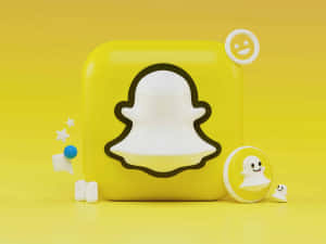 Snapchat標誌立方體，帶有鬼魂角色和圖標在黃色背景上