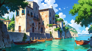 沿海村莊，石頭建築和木船在碧綠的海水中，陽光明媚的天空下