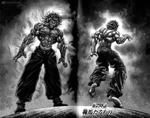 兩個肌肉發達的動漫戰士在懸崖上擺出戰鬥姿勢，伴有煙霧和能量效果。