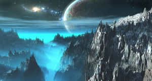 宇宙天空下的外星山脈，閃耀著星系和遙遠的行星。