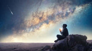 在流星劃過的沙漠星空下冥想的人