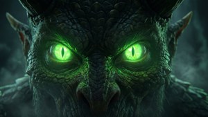 一個惡魔生物，在黑暗霧氣環境中帶有發光的綠色眼睛和紋理鱗片。