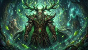 幻想精靈，帶有發光鹿角與盔甲，站立在神秘森林中。