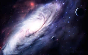 一個螺旋星系，帶有旋轉的旋臂和發光的恆星，周圍環繞著深空中的行星。