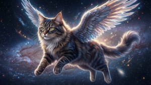 一隻帶翅膀的魔法動漫貓在繁星銀河中飛翔。