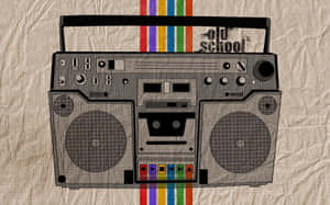 在紋理背景上，帶有彩虹條紋和「old school」文字的復古手提音響。