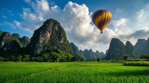熱氣球在綠色稻田上空翱翔，背景是喀斯特山脈。