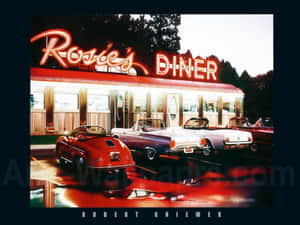 經典汽車在黃昏時分停放在Rosie's Diner外，閃爍的霓虹燈下。