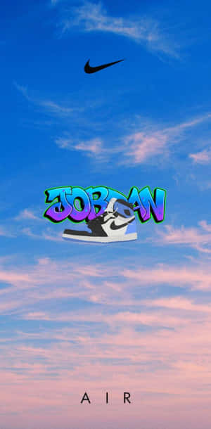 Jordan運動鞋圖案在色彩繽紛的天空中漂浮，帶有Nike品牌標誌。