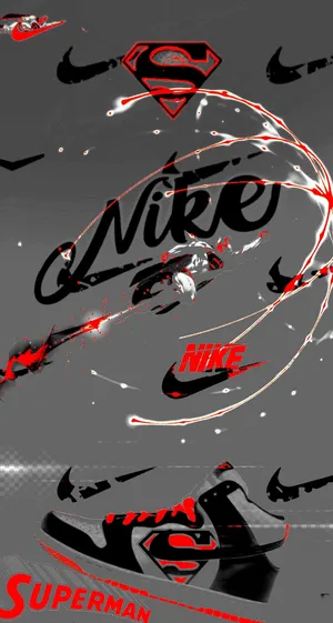 灰色背景上帶有超人標誌和紅色濺灑圖案的 Nike 運動鞋。