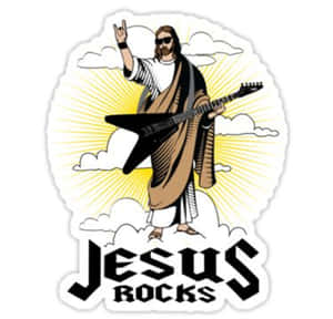 身穿長袍、戴太陽眼鏡的耶穌，手持印有「Jesus Rocks」字樣的結他。