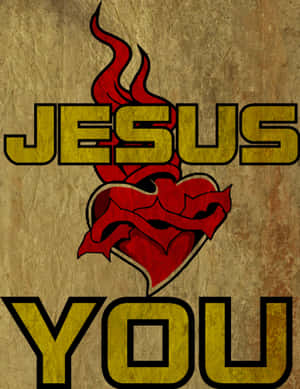 紋理棕色背景上，帶有粗體黃色 Jesus You 文字的紅色火焰心形。