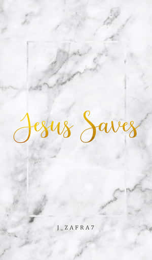 白色大理石牆紙，帶有金色 Jesus Saves 文字在框架中。 — Tecno Megapad Pro 壁紙