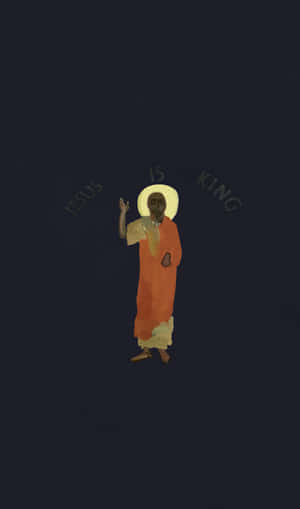 一個穿著橙色長袍、帶有光環的人物，上方有「Jesus Is King」字樣。