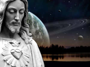 耶穌石像帶有聖心，以宇宙天空和暮色湖泊為背景。 — 耶穌基督 壁紙