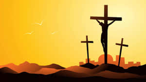 金色夕陽下，鳥兒飛翔的剪影 crucifixion 場景。