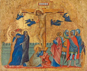 金色背景上，基督被釘在十字架上，周圍有天使和士兵的 crucifixion 場景。