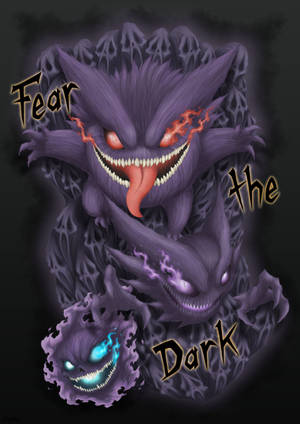 一個帶有發光眼睛和長舌頭的紫色鬼怪大笑，周圍有「Fear the Dark」字樣。
