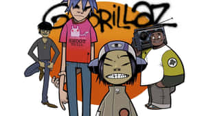 Gorillaz 樂隊成員以卡通風格呈現，背景為塗鴉。
