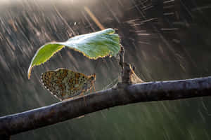 蝴蝶在雨中於葉子下躲避，金色逆光。