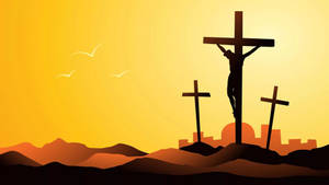 夕陽下鳥兒飛越山巒的剪影 crucifixion 場景。