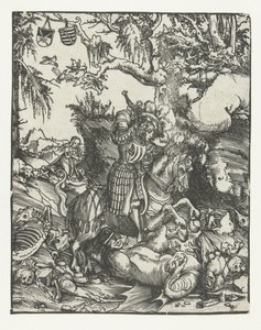聖喬治屠龍，盧卡斯·克拉納赫（一世）創作，創作年份1482至1553，紙本木刻版畫。下載此藝術作品作為高解像度 wallpaper