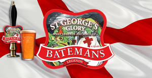 Batemans St George's Glory啤酒標誌，配以一杯啤酒和龍頭，置於紅白旗上。