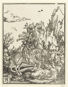 阿爾布雷希特·阿爾特多費爾的《聖喬治與龍》，創作於1511年，紙本木刻版畫。將這件藝術作品下載為適用於桌面、平板或手機的高解像度桌布。