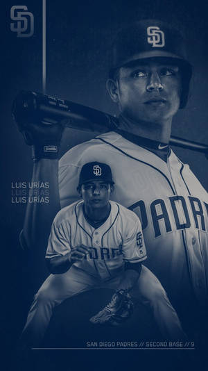 棒球選手 Luis Urias 身穿聖地牙哥教士隊球衣，在深藍色工作室肖像中手持球棒。 — 阿隆·羅渣士 壁紙