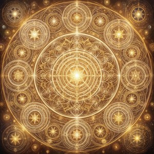 一個發光的金色曼陀羅，帶有星爆和複雜圖案，置於宇宙黑暗背景之上。