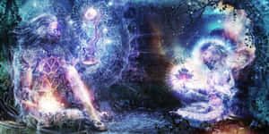 兩個發光的神秘生物在宇宙魔法森林中冥想。