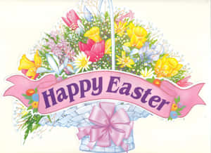 裝滿色彩繽紛花朵和帶有「Happy Easter」橫幅的粉紅色蝴蝶結的復活節籃子。 — 復活節 壁紙