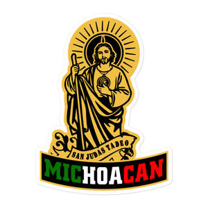 耶穌基督帶光環和杖的貼紙，標有San Judas Tadeo和Michoacan。