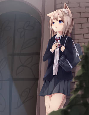 貓耳動漫少女穿著校服在磚牆附近手持星形物品。
