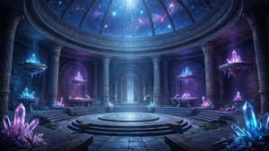 在星空圓頂天花板下，有發光水晶的古老寺廟。 — 最終幻想14 暗影之逆焰 壁紙