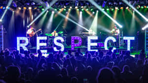 樂隊在舞台上現場演奏，帶有 'RESPECT' 標誌，在彩色燈光下面對歡呼的觀眾。 — 圖像 GIF 壁紙