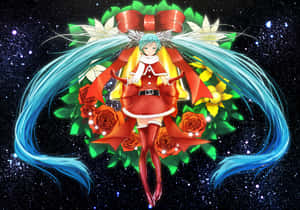 動漫女孩身穿紅色聖誕老人服裝，長長的藍色頭髮，被玫瑰和星星包圍。