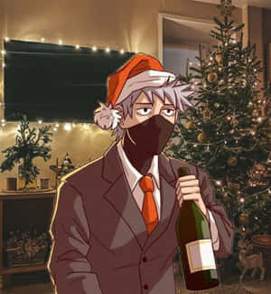 戴聖誕帽和口罩的動漫男子在聖誕樹旁拿著酒瓶。