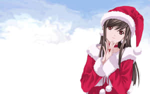 動漫女孩穿著紅色聖誕老人服裝，帶有白色飾邊，站在藍天白雲前。