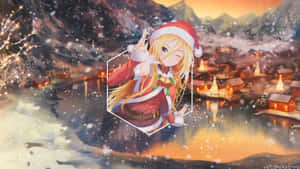 戴著聖誕帽的動畫女孩在夕陽下的雪村上空漂浮，伴隨著發光的燈光。 — 動漫女孩 壁紙