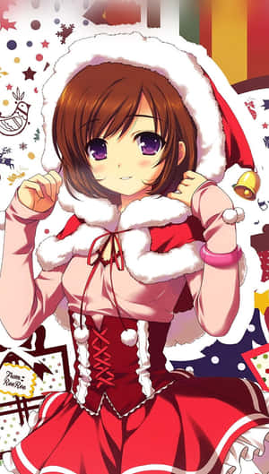 動漫女孩穿著喜慶的紅白聖誕老人服裝溫暖地微笑。 — 動漫女孩 壁紙