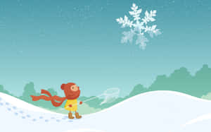 小孩在雪地冬日景觀中用網捕捉巨大雪花。