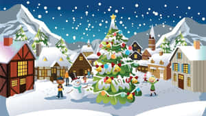 孩子們在雪村夜晚的裝飾聖誕樹附近玩耍。