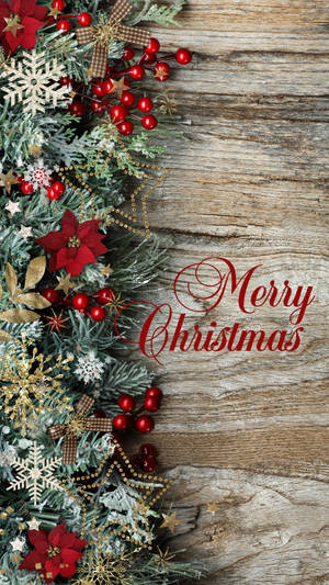 木質表面上的聖誕裝飾，帶有 Merry Christmas 文字 — 聖誕節 iPhone 壁紙