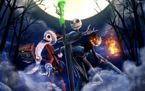 Jack Skellington 和 Sally 在滿月下的夜晚恐怖森林中。
