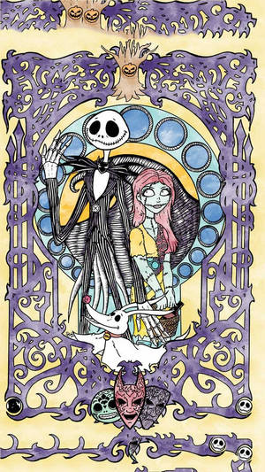 Jack Skellington 和 Sally 在一個帶有骷髏頭和南瓜的萬聖節主題裝飾畫框中。