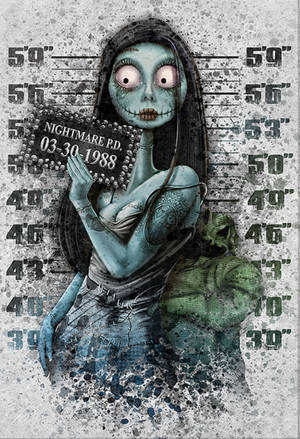 殭屍女人以入案照姿勢在身高圖背景前拿著Nightmare P.D.標誌。