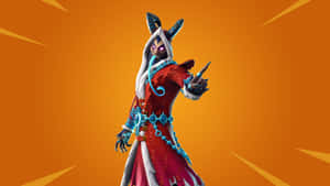 Fortnite 角色穿著紅藍服裝，眼睛和角發光，在橙色背景前。