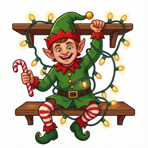 快樂的精靈在木長椅上手持拐杖糖，周圍有燈串。
